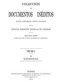 Capa do livro Colección de Documentos Inéditos Relativos al Descubrimiento, Conquista y Organización de las Antiguas Posesiones Españolas de Ultramar. Tomo 8, De Los Pleitos de Colón, II